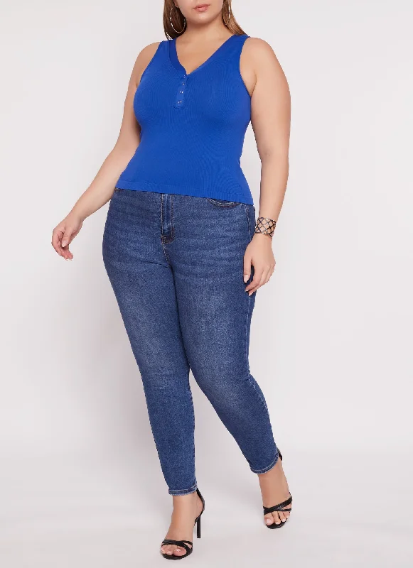 Plus Size Seamless Ribbed Snap Button Tank Top