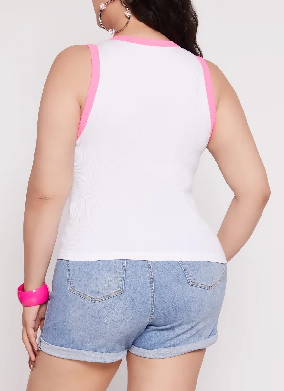 Plus Size Seamless Ribbed Contrast Trim Tank Top