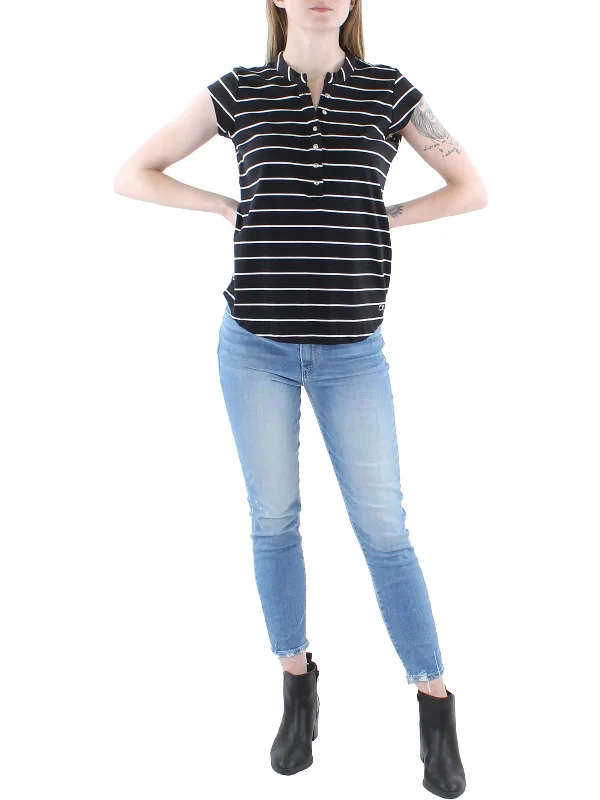 Womens Button Front Striped Polo Top