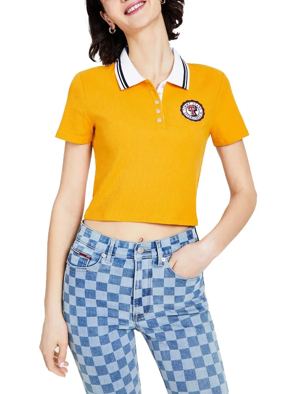 Womens Patchwork Cropped Polo Top