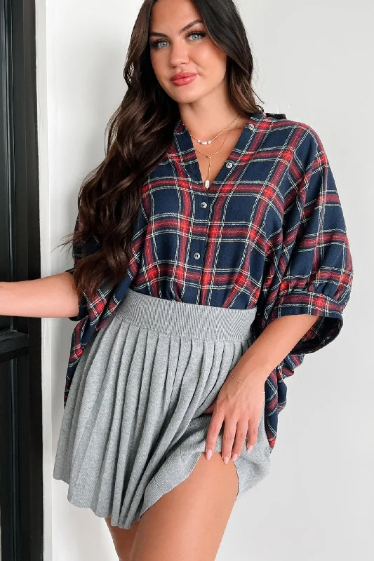 Bijou Plaid Oversized Button-Down Shirt (Navy)