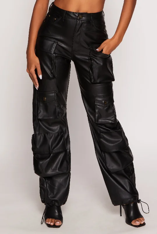 Faux Leather High Waisted Cargo Pants