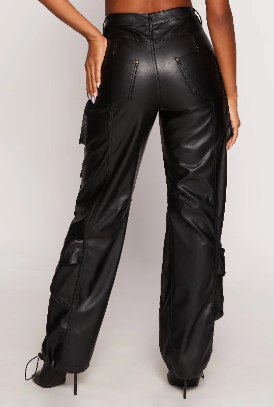 Faux Leather High Waisted Cargo Pants