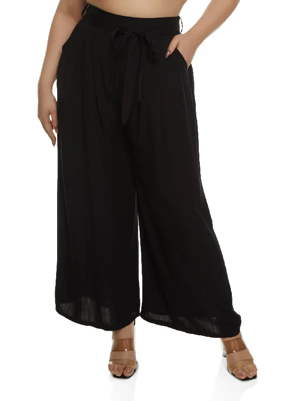 Plus Size High Waisted Tie Waist Wide Leg Pants