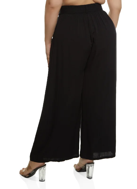 Plus Size High Waisted Tie Waist Wide Leg Pants