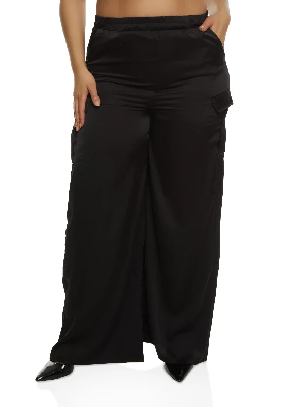 Plus Size Satin Cargo Pocket Palazzo Pants