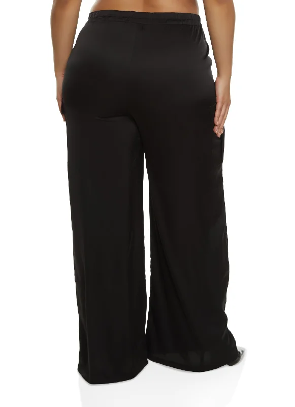 Plus Size Satin Cargo Pocket Palazzo Pants