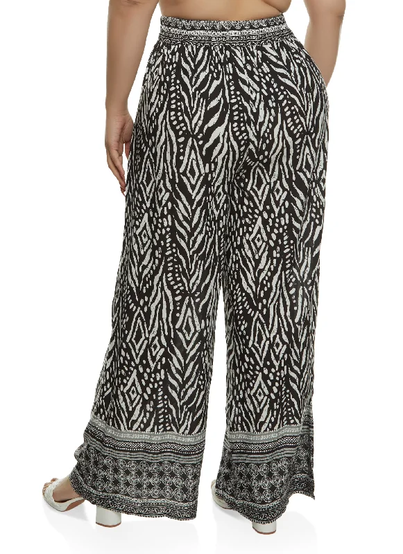 Plus Size Smocked Waist Printed Wide Leg Pants