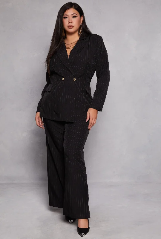 Plus Size Striped Belted Front Wide Leg Pants