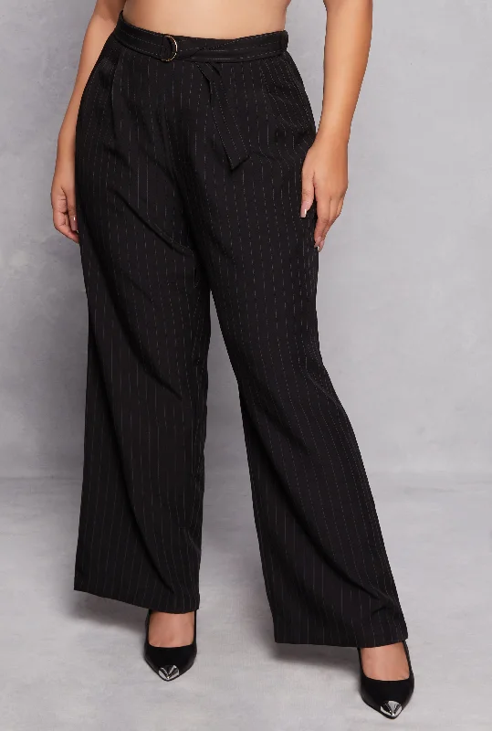 Plus Size Striped Belted Front Wide Leg Pants