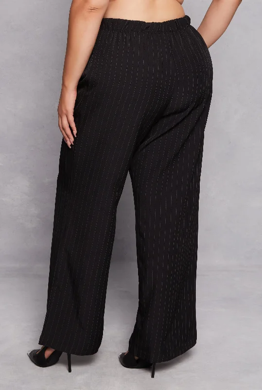 Plus Size Striped Belted Front Wide Leg Pants