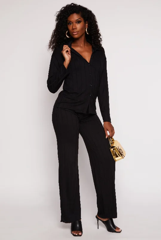 Ribbed High Waisted Wide Leg Pants