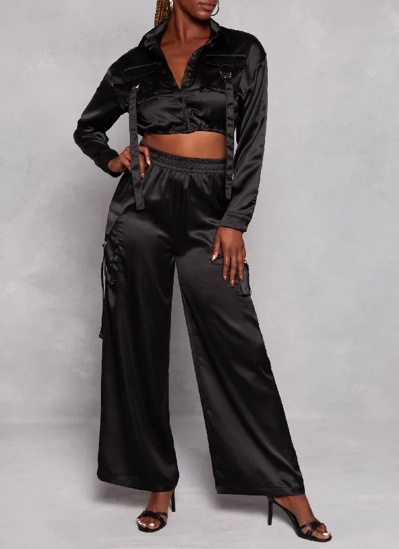 Satin Wide Leg Cargo Pocket Pants