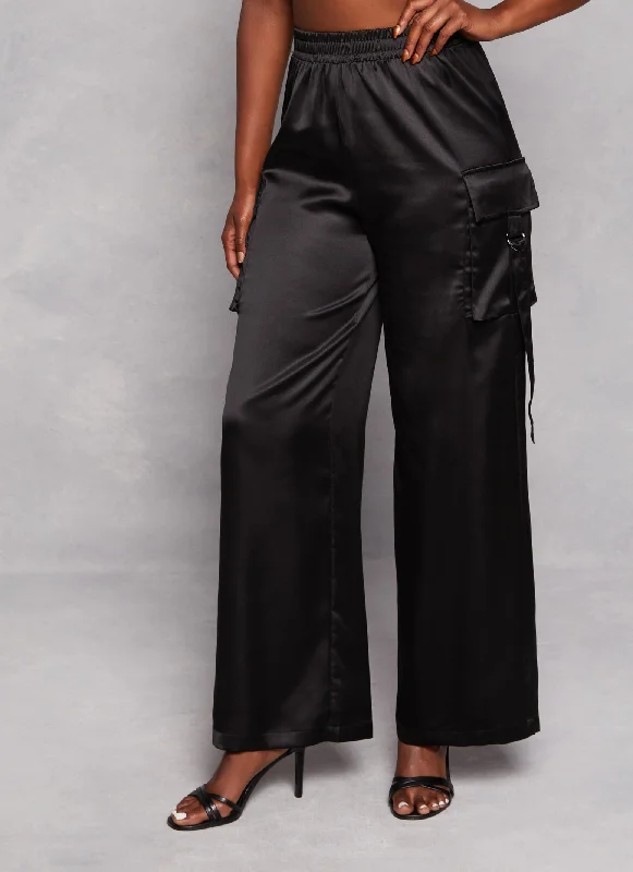 Satin Wide Leg Cargo Pocket Pants