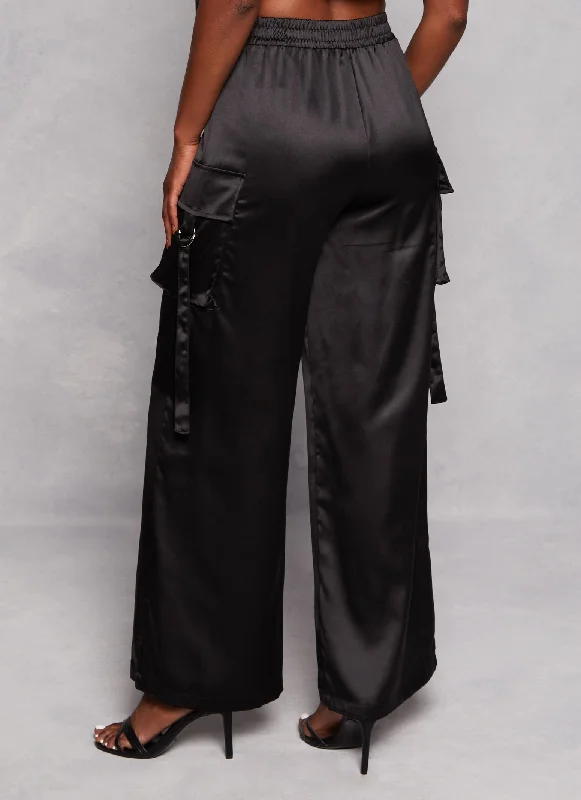 Satin Wide Leg Cargo Pocket Pants