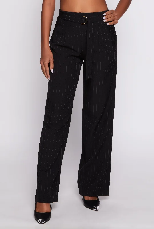 Striped Belted Front Dress Pants