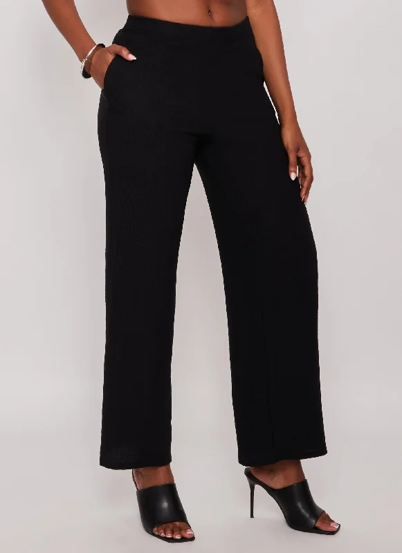 Textured Knit High Waisted Wide Leg Pants