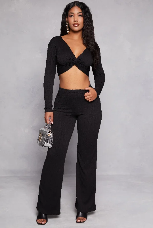 Textured Knit Wide Leg High Waist Pants