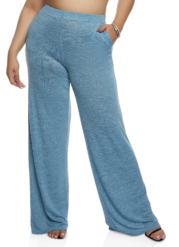 Plus Size Daisy Brushed Knit High Waist Wide Leg Pants