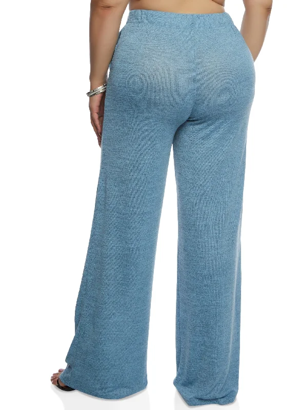 Plus Size Daisy Brushed Knit High Waist Wide Leg Pants