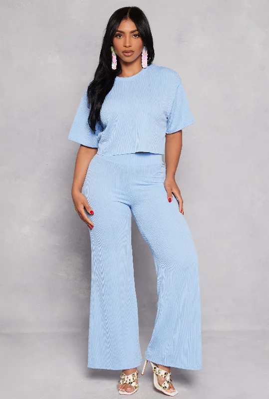 Rib Knit High Waisted Wide Leg Pants