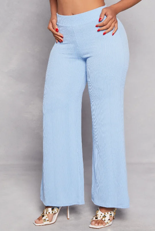 Rib Knit High Waisted Wide Leg Pants