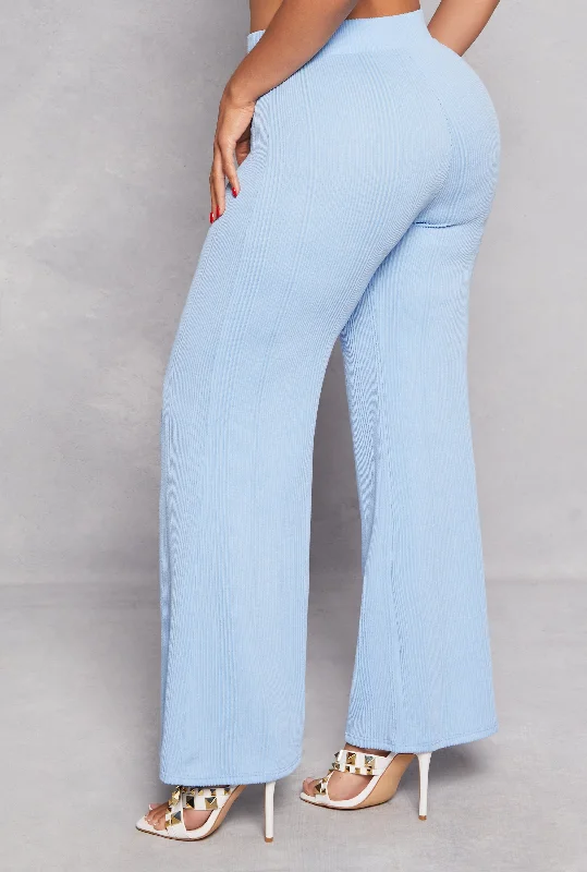 Rib Knit High Waisted Wide Leg Pants