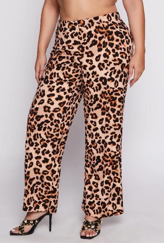 Plus Size Leopard Print Wide Leg Pants