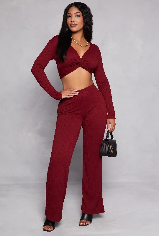 Textured Knit Wide Leg High Waist Pants