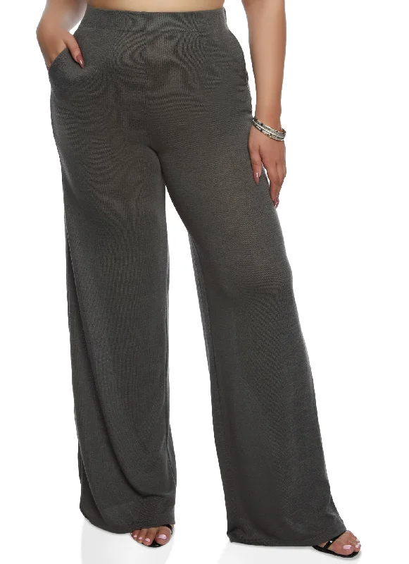 Plus Size Daisy Brushed Knit High Waist Wide Leg Pants