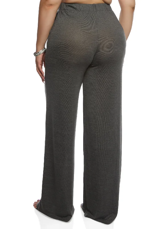 Plus Size Daisy Brushed Knit High Waist Wide Leg Pants