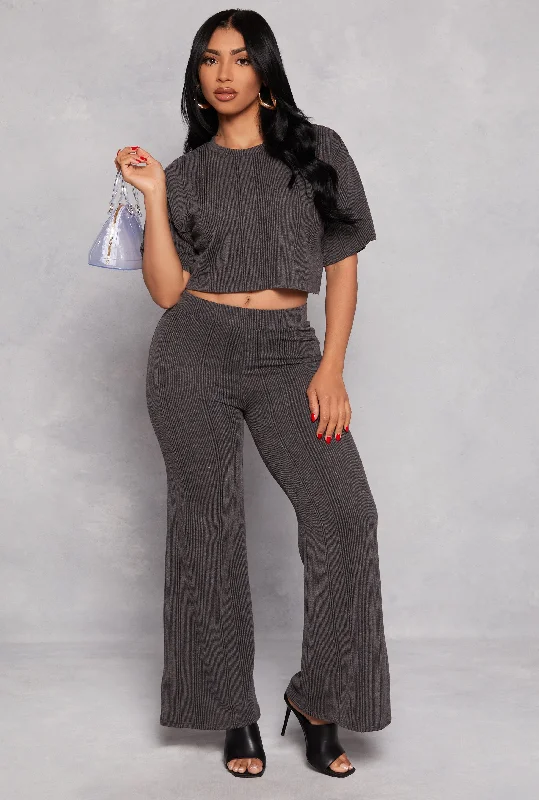 Rib Knit High Waisted Wide Leg Pants