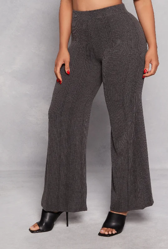 Rib Knit High Waisted Wide Leg Pants