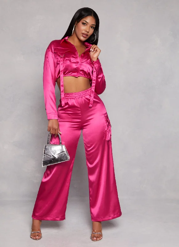 Satin Wide Leg Cargo Pocket Pants