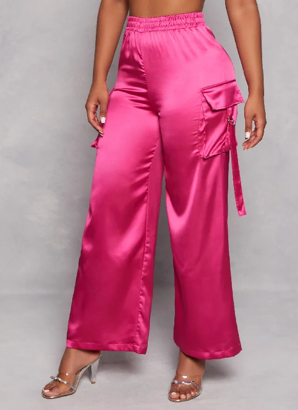 Satin Wide Leg Cargo Pocket Pants