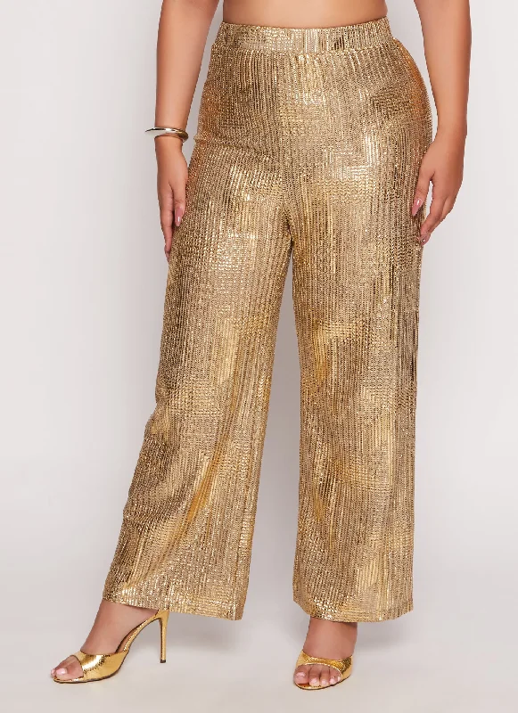 Plus Size Patterned Foil Screen Wide Leg Pants