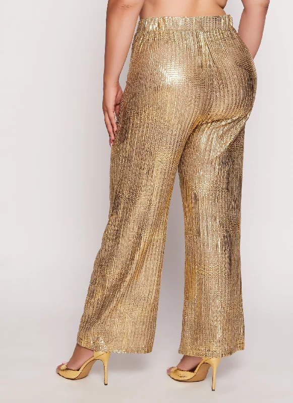 Plus Size Patterned Foil Screen Wide Leg Pants