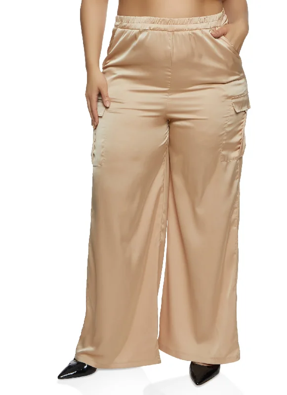 Plus Size Satin Cargo Pocket Palazzo Pants