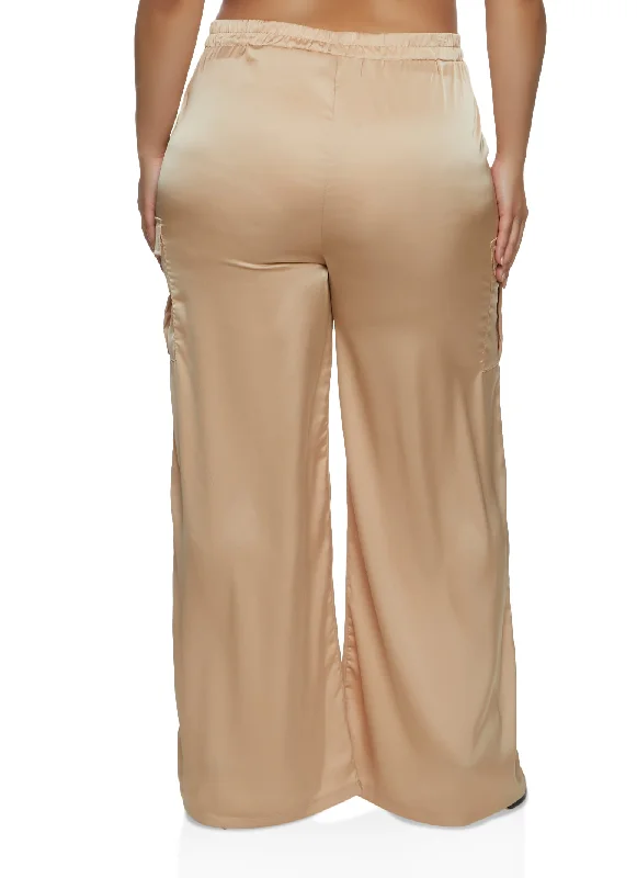 Plus Size Satin Cargo Pocket Palazzo Pants