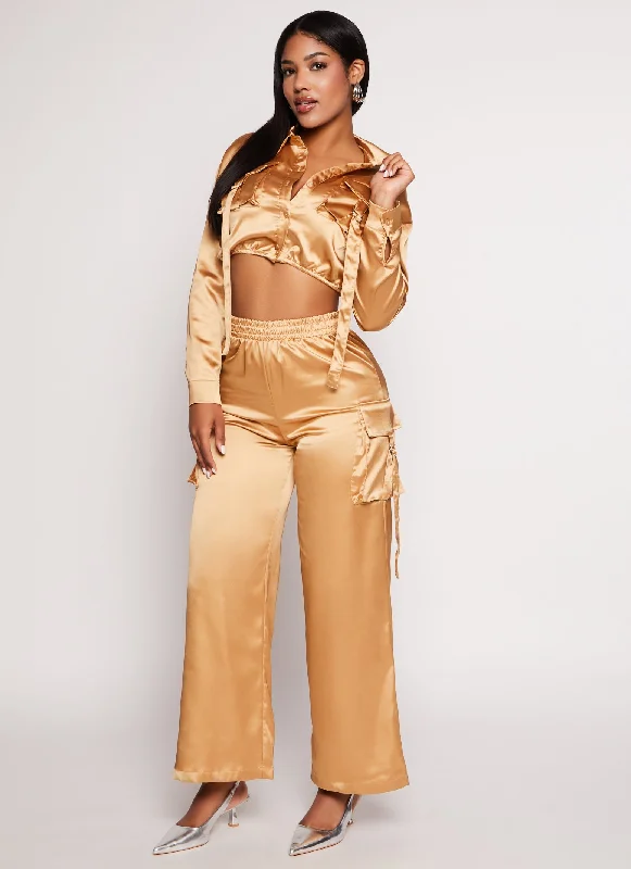 Satin Wide Leg Cargo Pocket Pants