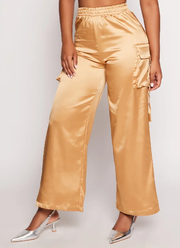 Satin Wide Leg Cargo Pocket Pants