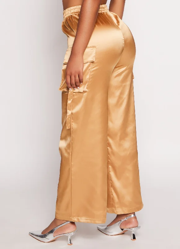 Satin Wide Leg Cargo Pocket Pants