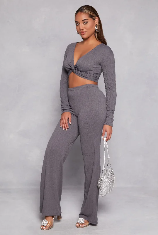 Textured Knit Wide Leg High Waist Pants