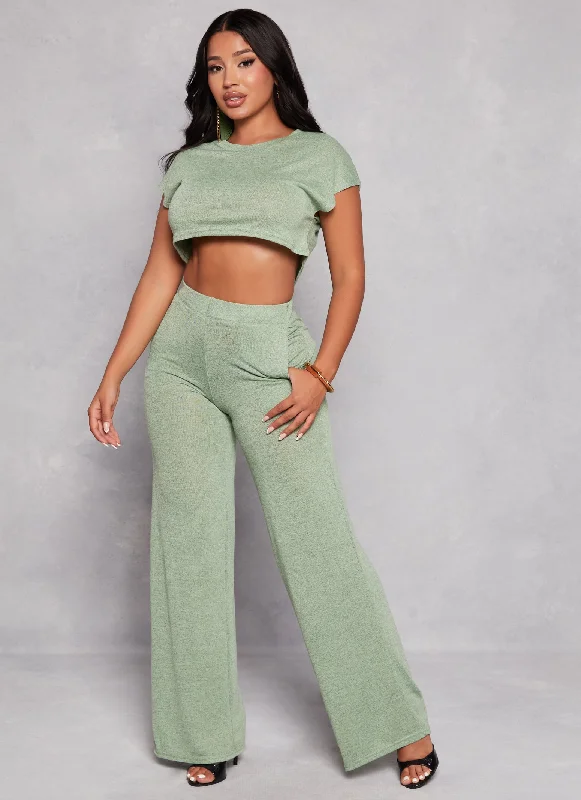 Daisy Solid Brushed Knit High Waisted Wide Leg Pants