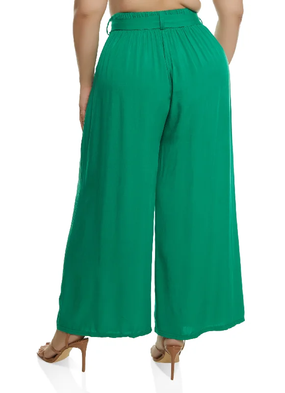 Plus Size High Waisted Tie Waist Wide Leg Pants