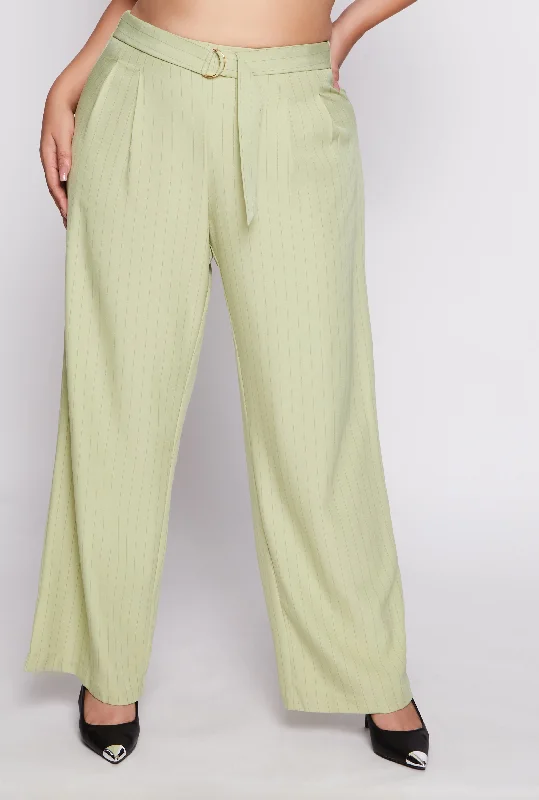 Plus Size Striped Belted Front Wide Leg Pants