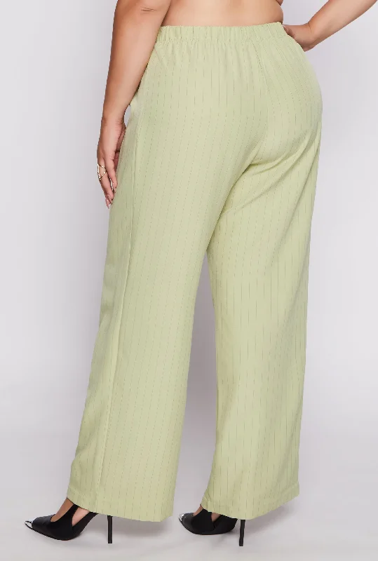 Plus Size Striped Belted Front Wide Leg Pants