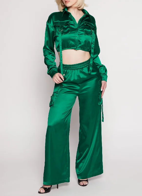 Satin Wide Leg Cargo Pocket Pants