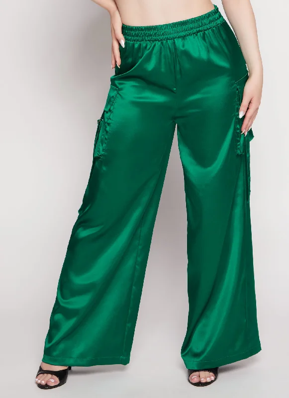 Satin Wide Leg Cargo Pocket Pants