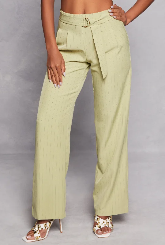 Striped Belted Front Dress Pants